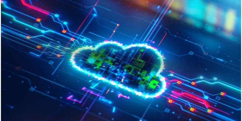Virtual cloud graphic on blue background with line overlay