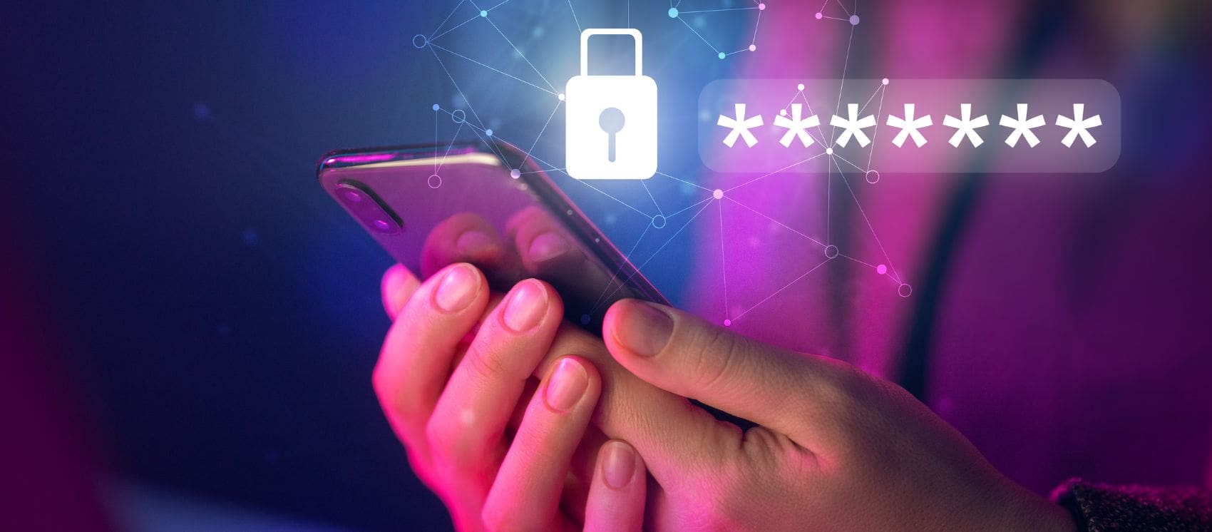 hands holding a mobile phone with graphic overlay of padlock and stars