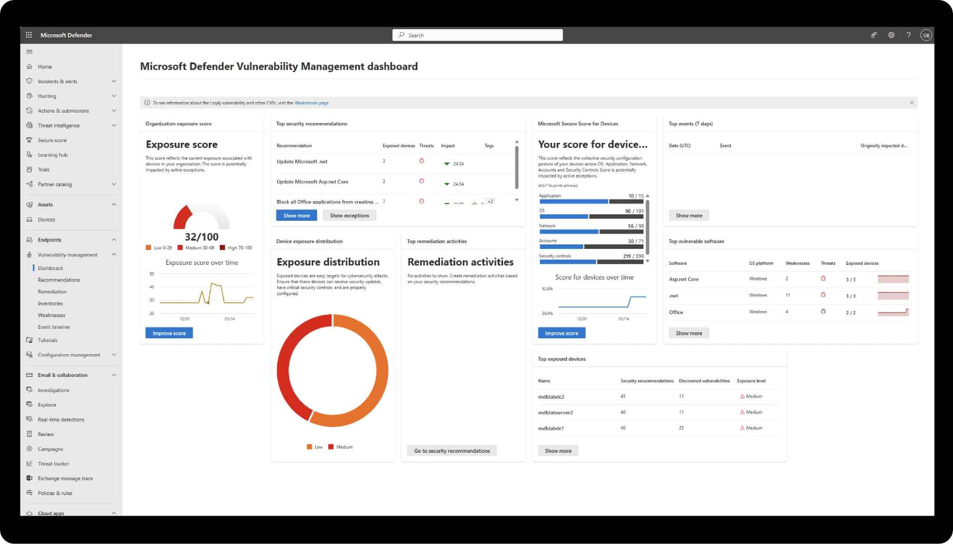 Microsoft Sentinel vs Microsoft Defender 2 Microsoft Defender endpoint vulnerability management dashboard